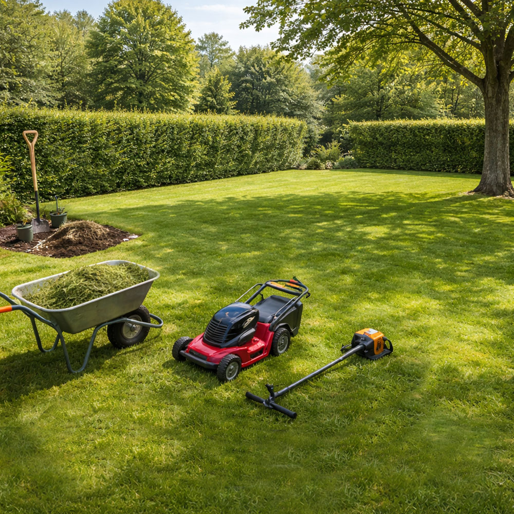 Garten mit Hecken und einem Baum, im Vordergrund Gartengeräte wie Spaten, Schubkarre, Rasenmäher.